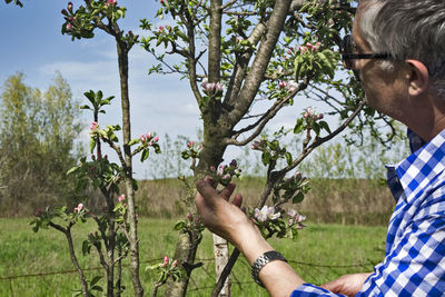 Man holding flowers on plants