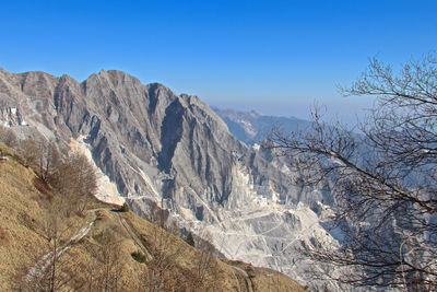 Scenic view of snowcapped mountains against clear blue sky