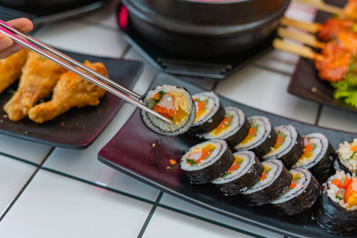 High angle view of sushi in plate on table