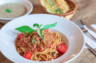 Close-up of pasta in plate on table