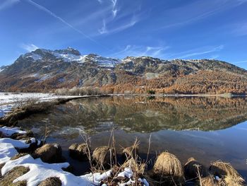 Scenic view of lake by mountains against sky