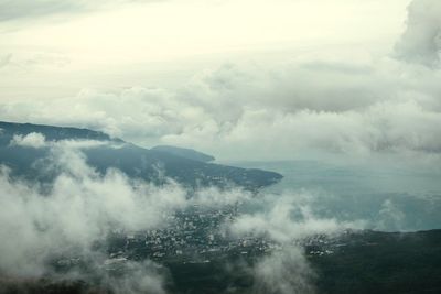 High angle view of mountains against sky