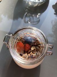 High angle view of drink in glass jar on table