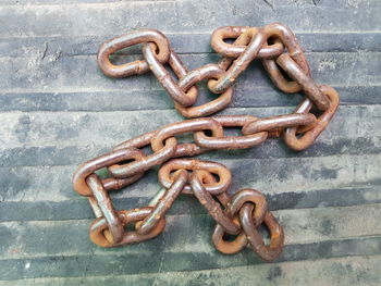 Close-up of rusty chain against wall
