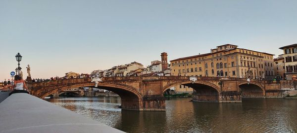 Bridge over river by buildings against clear sky