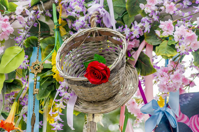 Close-up of multi colored flowers in basket