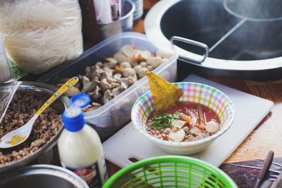 High angle view of food on table