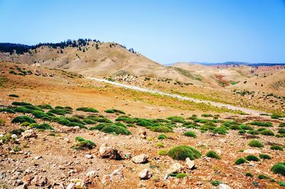 Scenic view of rocky mountains against clear blue sky