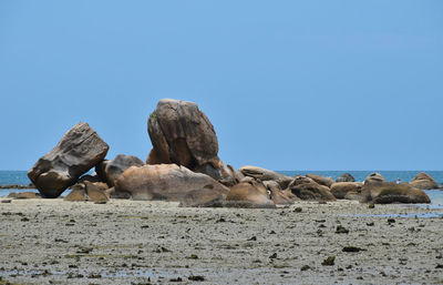 Rocks on beach against clear blue sky