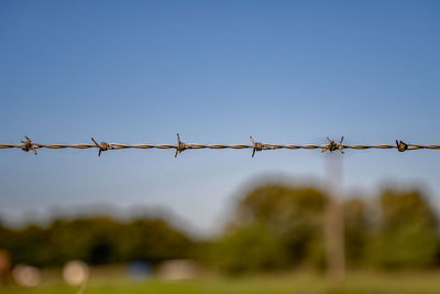 Close-up of barbed wire against clear sky