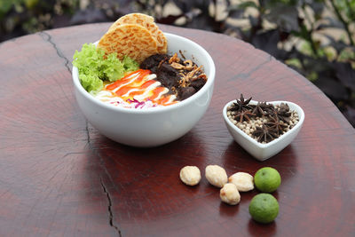 High angle view of fruits in bowl on table