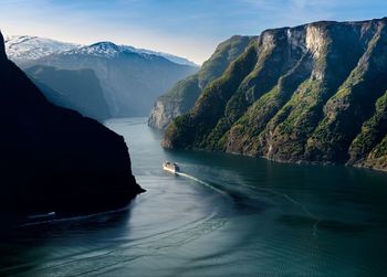 Scenic view of sea with mountains in background
