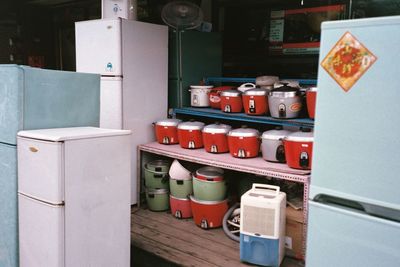 Row of objects on shelf