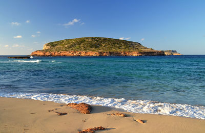 Scenic view of beach against blue sky