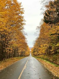 Road amidst trees against sky during autumn