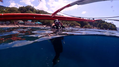 Reflection of man in sea against sky