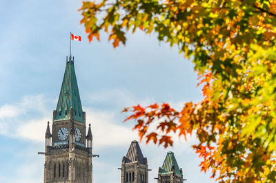 Low angle view of clock tower against sky