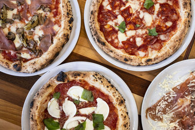 High angle view of pizza on table