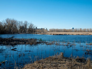 Scenic view of lake against clear blue sky