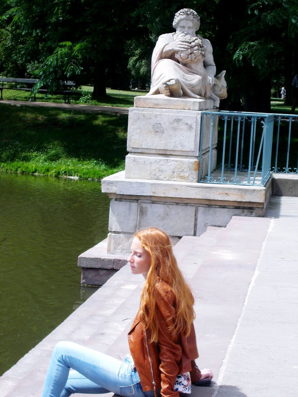 sculpture, statue, human representation, outdoors, day, real people, tree, park - man made space, lifestyles, young women, one person, women, young adult, nature