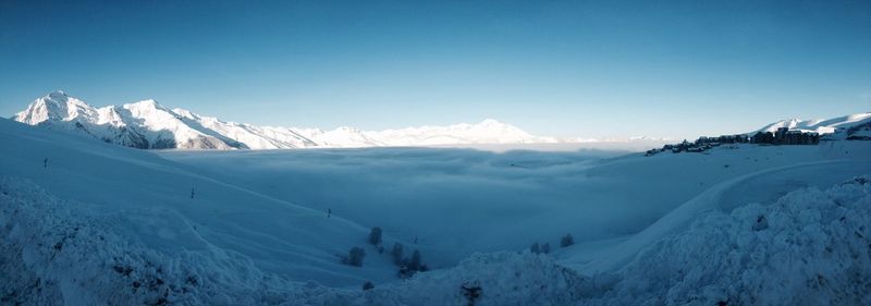 Scenic view of snow covered mountains against clear sky