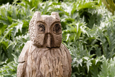 Wooden carving of an owl in the greenery