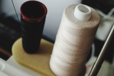 High angle view of coffee cups on table