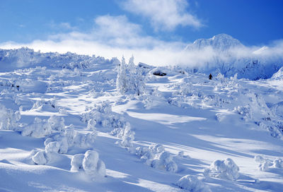 Scenic view of snow covered mountains against sky