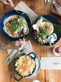 High angle view of food served on table
