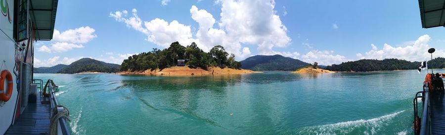 Panoramic view of bay against sky