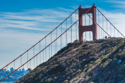 View of suspension bridge against cloudy sky