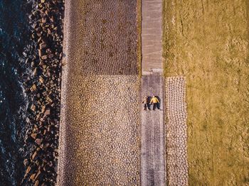 High angle view of friends lying at beach