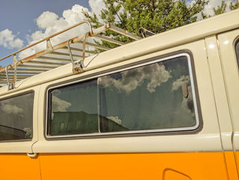 Reflection of trees on train window