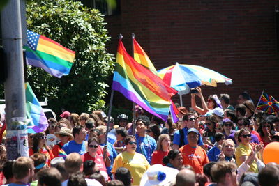 Group of people in traditional flags