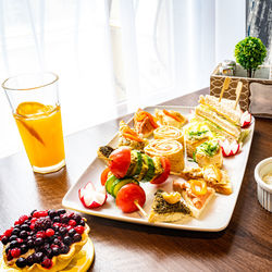 High angle view of breakfast served on table