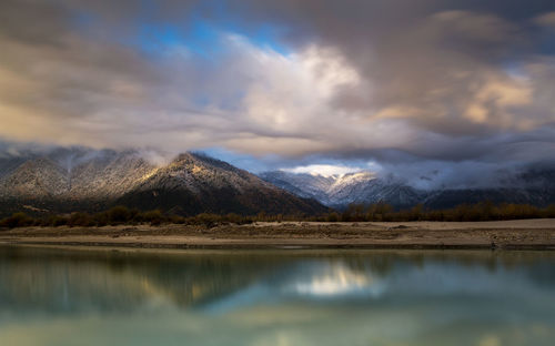 Scenic view of lake and mountains against sky