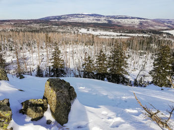 Scenic view of snow covered landscape against sky