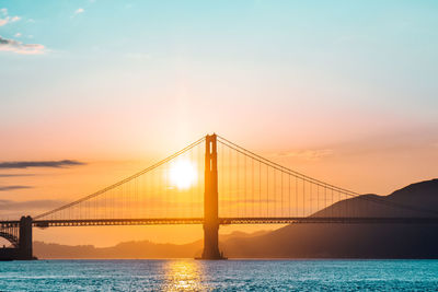 Suspension bridge over sea during sunset