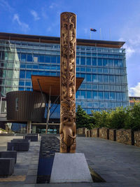 Low angle view of statue against building in city