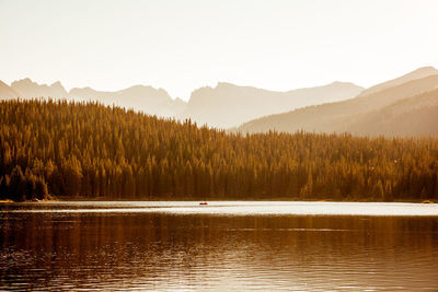 Scenic view of lake by mountains against sky