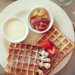 High angle view of breakfast served on table