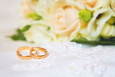 Close-up of wedding rings on white flower