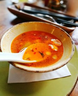 Close-up of soup in bowl on table