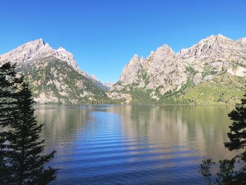 Scenic view of lake and mountains against blue sky