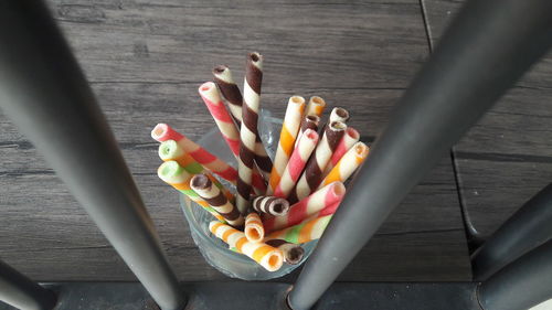 High angle view of multi colored pencils on table
