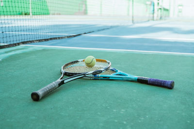 High angle view of tennis ball on soccer field