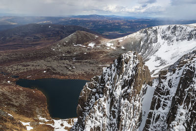 Aerial view of snowcapped mountains against sky