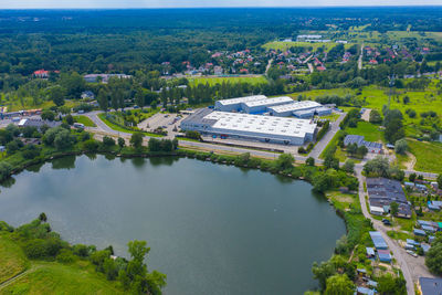 Aerial view of goods warehouse. logistics center in industrial city zone from above. aerial view 