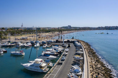 High angle view of marina at harbor