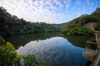 Scenic view of lake by trees against sky